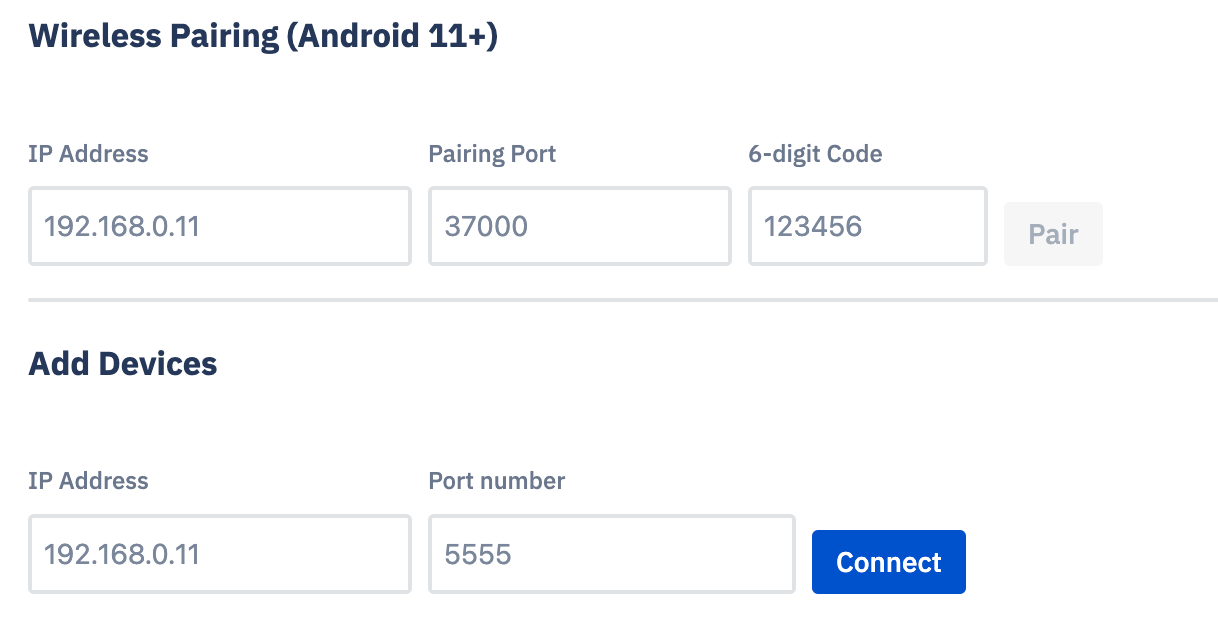 Wireless pairing showing IP address, pairing port, and 6-digit code, and Add Devices showing IP address, port number, and a connect button