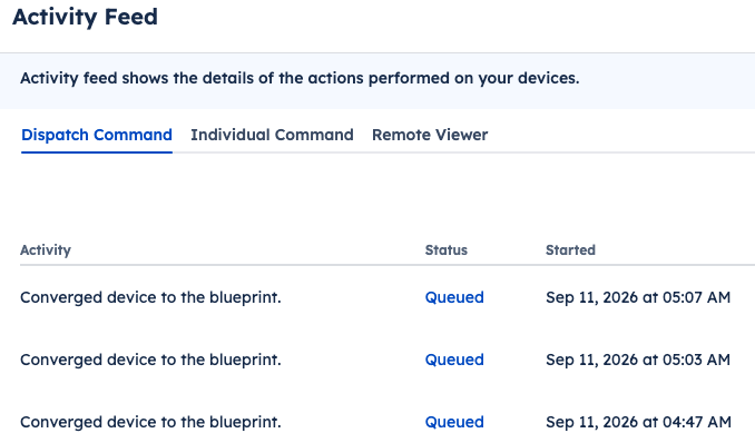 Activity feed showing converged device to blueprint and the status as queued.png
