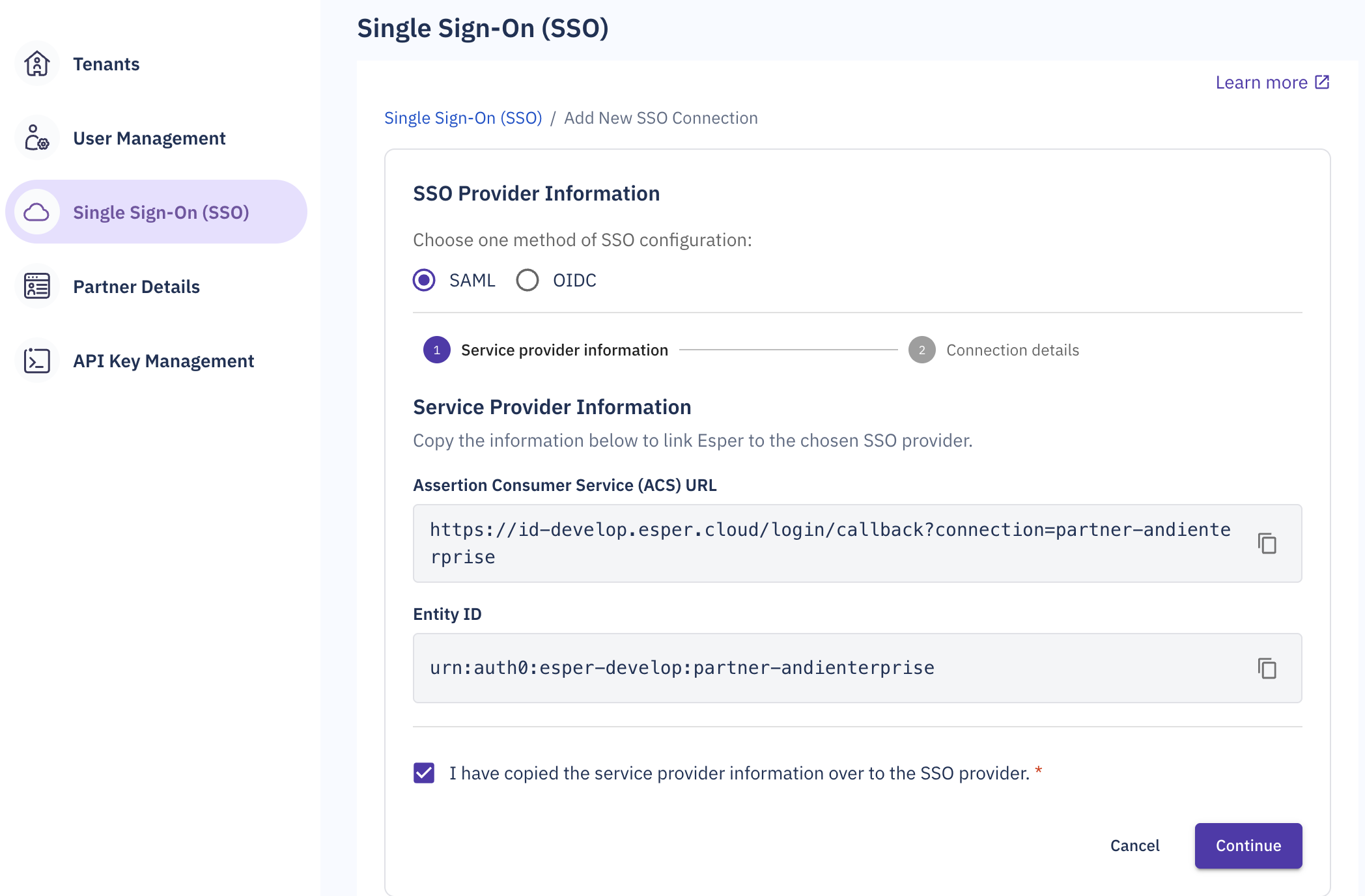 the service provider and entity id fiels of the SSO provider information step.png