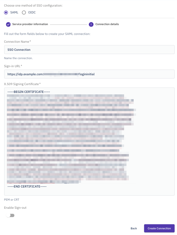 The idp single sign on and x509 certificate fileds fill out and the confirmation checkbox checked .png