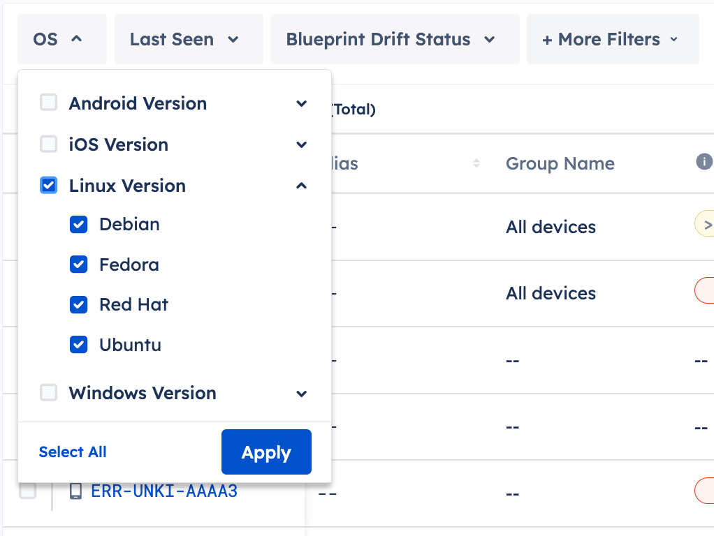 The dropdown for the OS filter in Devices & groups showing Linux versions including Fedora and Red Hat.