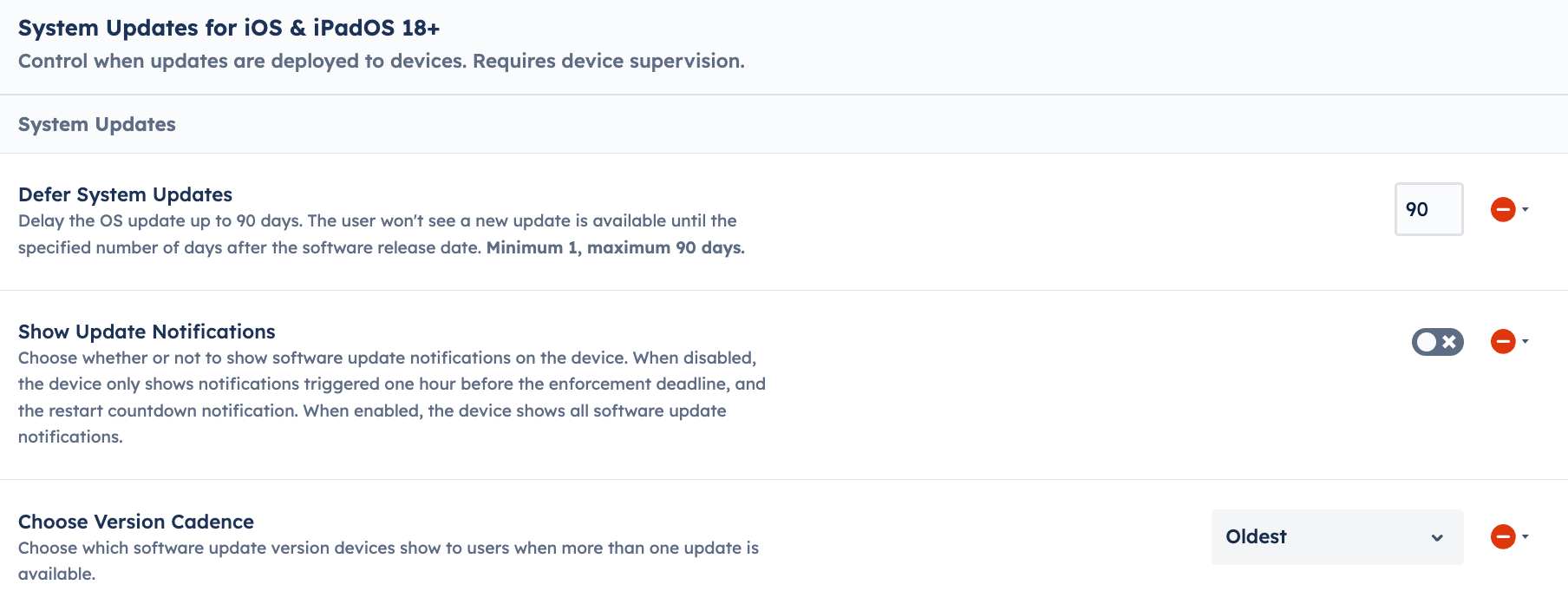 System updates for iOS and iPadOS 18+ showing defer system updates, show update notifications, and choose version cadence.