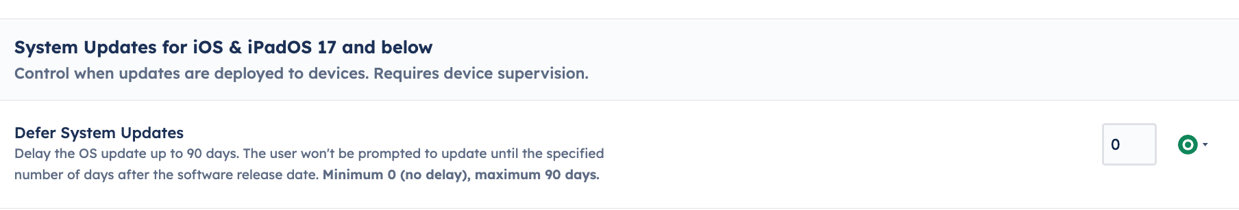 System updates for iOS and iPadOS 17 and below showing defer system update only.