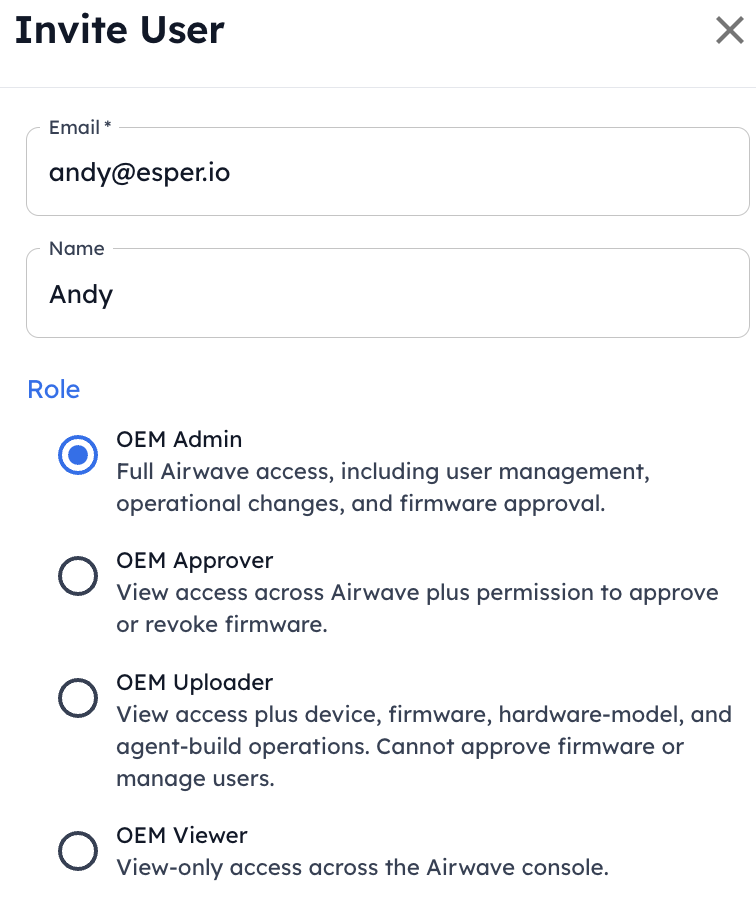 The Users page listing all users with their name, email, role, status, and creation date. The toolbar includes Invite User, Role filter, Status filter, and Refresh.1_NEW_Invite_User_dialog.png