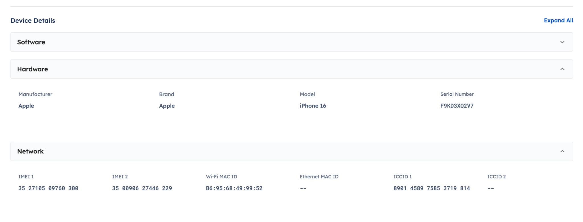 The network tab for an iPhone appearing below the Hardware tab. IMEI, Wi-Fi MAC ID, Ethernet, and ICCID is shown. Dummy data was used for these fields.